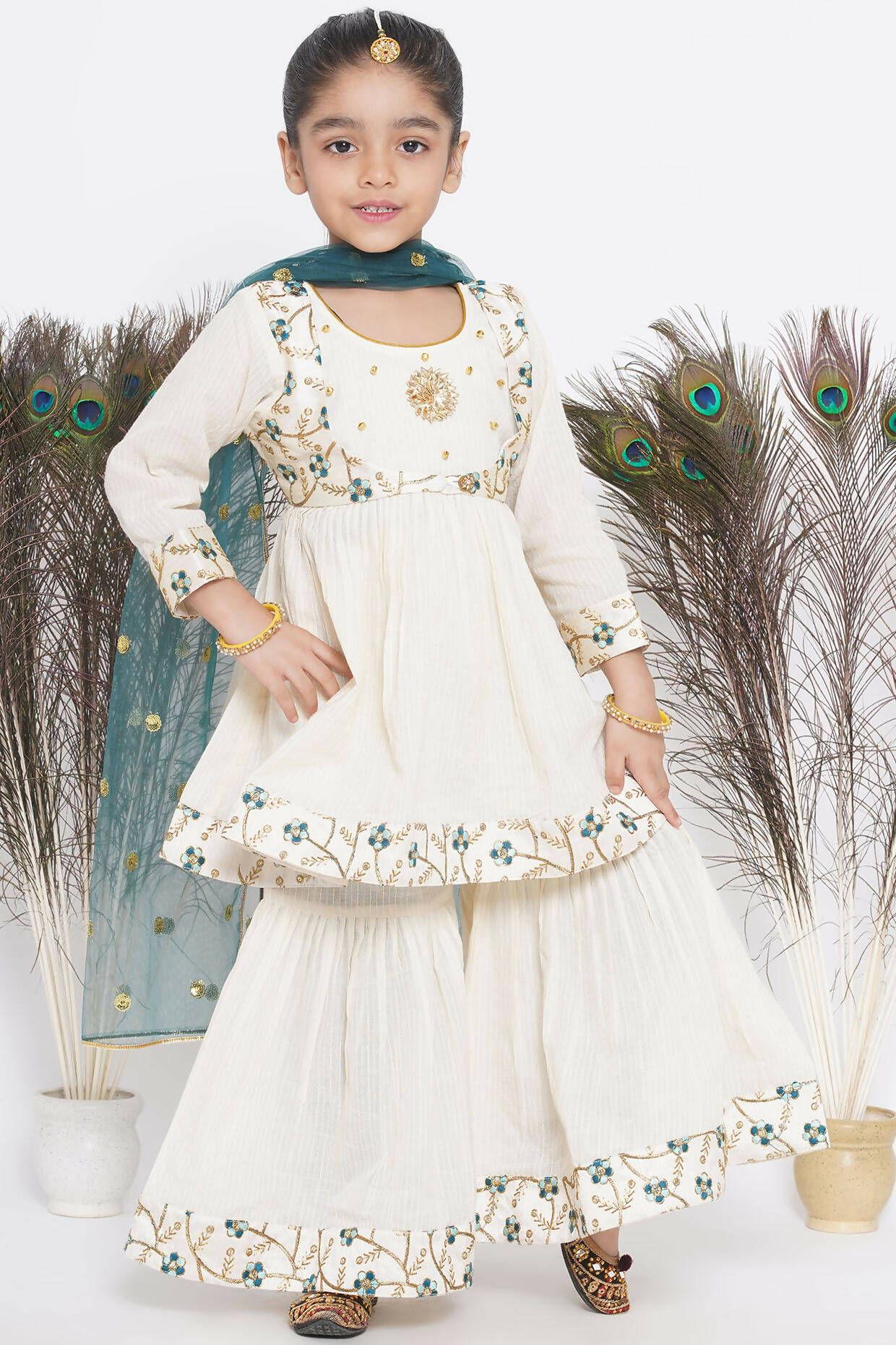 Little Bansi Blue Floral Embroidery Jacket with Cotton Kantha Frock Sharara and Dupatta with Ghungroo Handwork - Cream | Grocsy