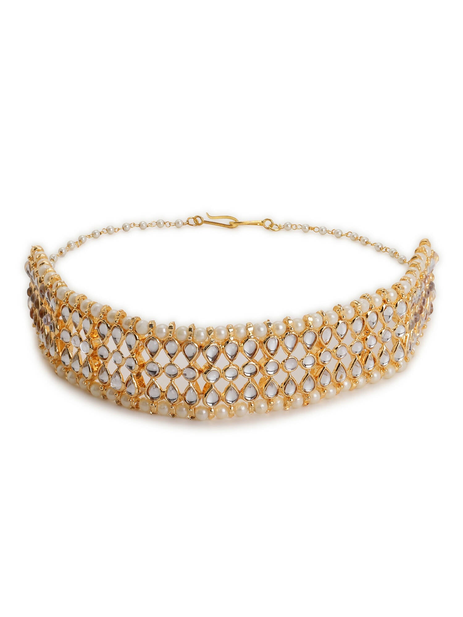 Gold-Polished White Kundan-Studded Pearl Beaded Hair Band - Ruby Raang | Grocsy