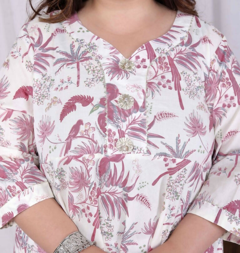 Miravan Women's Plus Size Pink Cotton Gota and Lace Border Birds and Leaf Floral Printed Anarkali Kurta | Grocsy