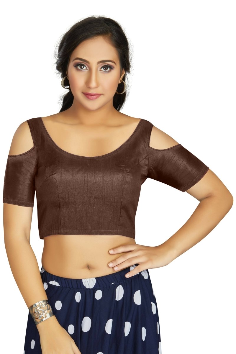 Aastha Fashion Women's Coffee Art Silk Cold Shoulder Sleeve Readymade Blouse | Grocsy