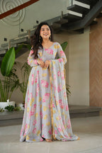 Vastranavya Light Grey Faux Georgette With Rich Flower Digital Print work Gown | Grocsy