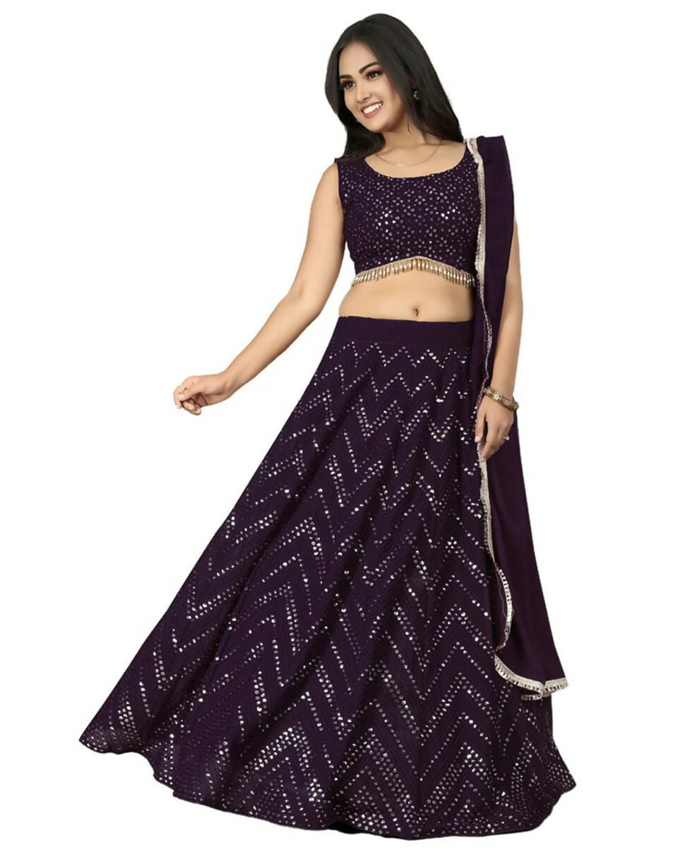 Jyoti Fashion Wine Thread with Sequence Embroidery Faux Georgette Lehenga Choli with Dupatta | Grocsy