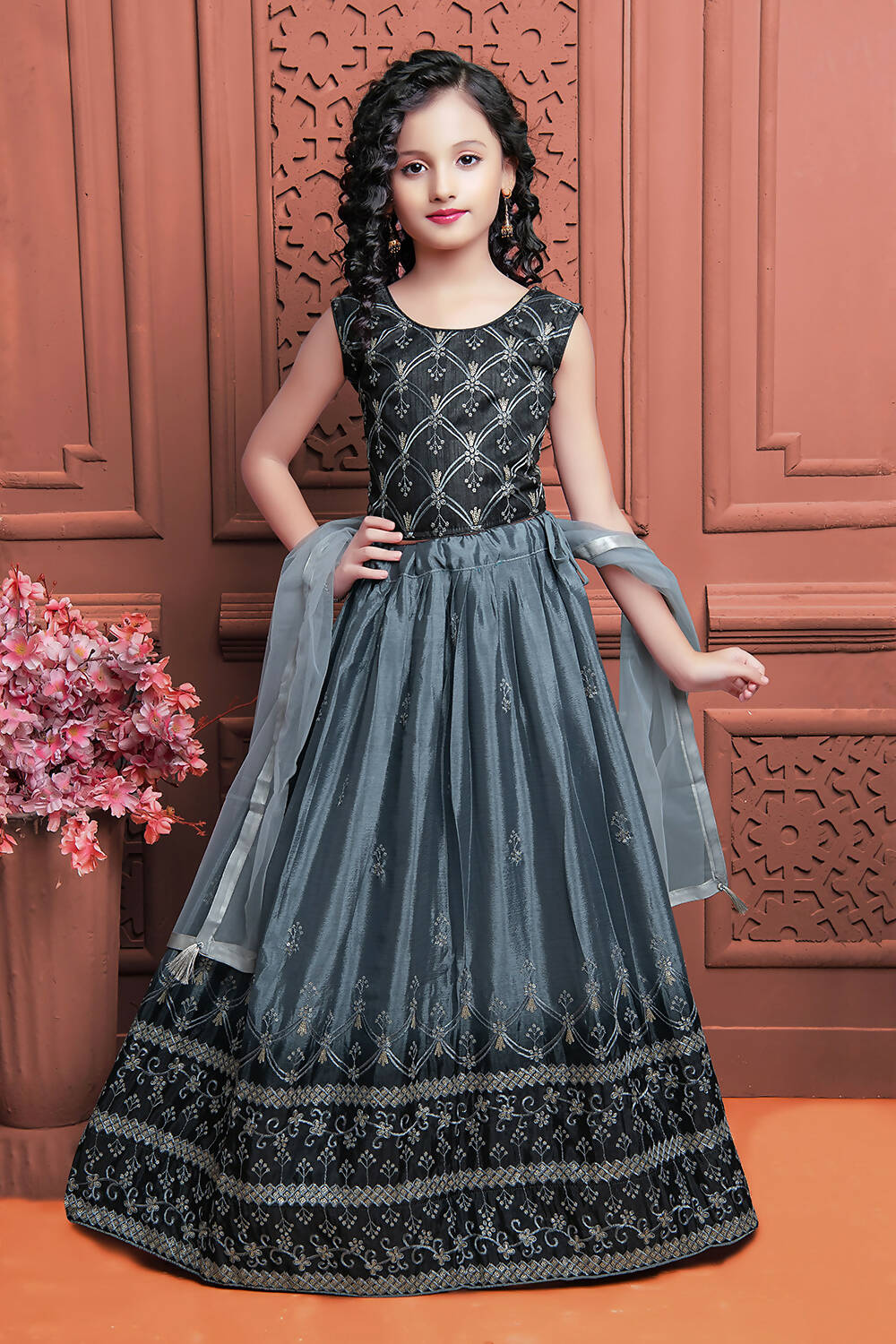 Kids Wedding Designer Grey Soft Chinon Silk Lehenga Choli - Aaradhna | Grocsy