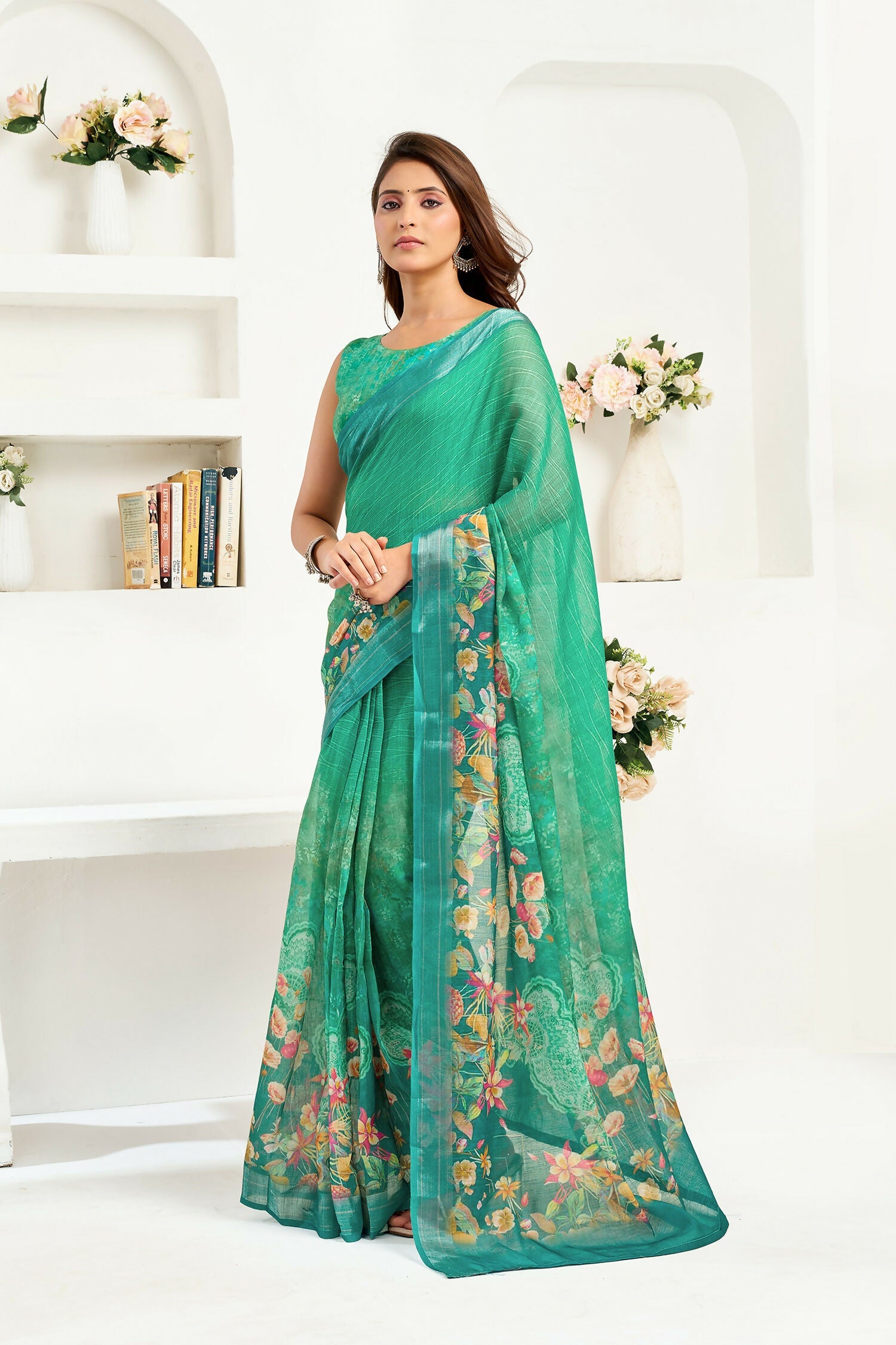 Joban Fashion Rama Green Floral Linen Ready To Wear Saree With Unstitched Blouse | Grocsy