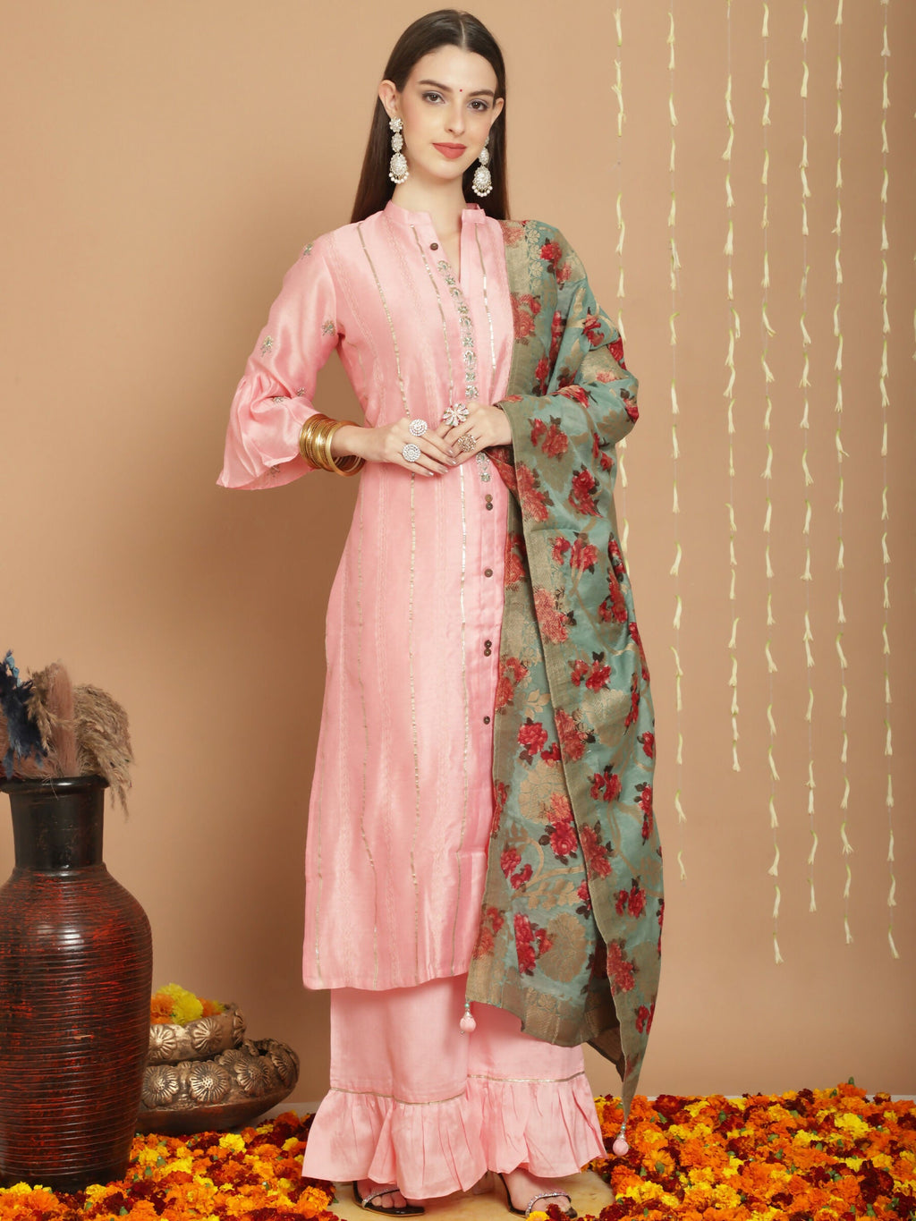 Jyoti Fashion Women's Peach Chanderi Silk Elegant Jardoshi Kurta with Trouser & Dupatta | Grocsy