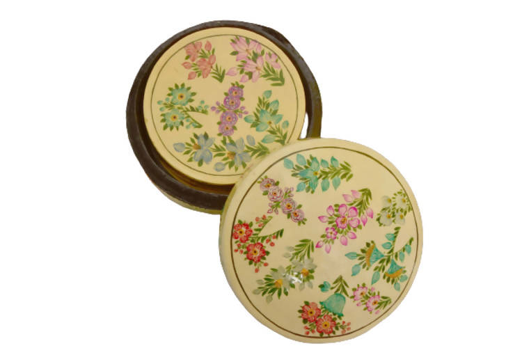Nizalia Floral Motif Embossed Cream Paper Mache Round Coasters | Grocsy