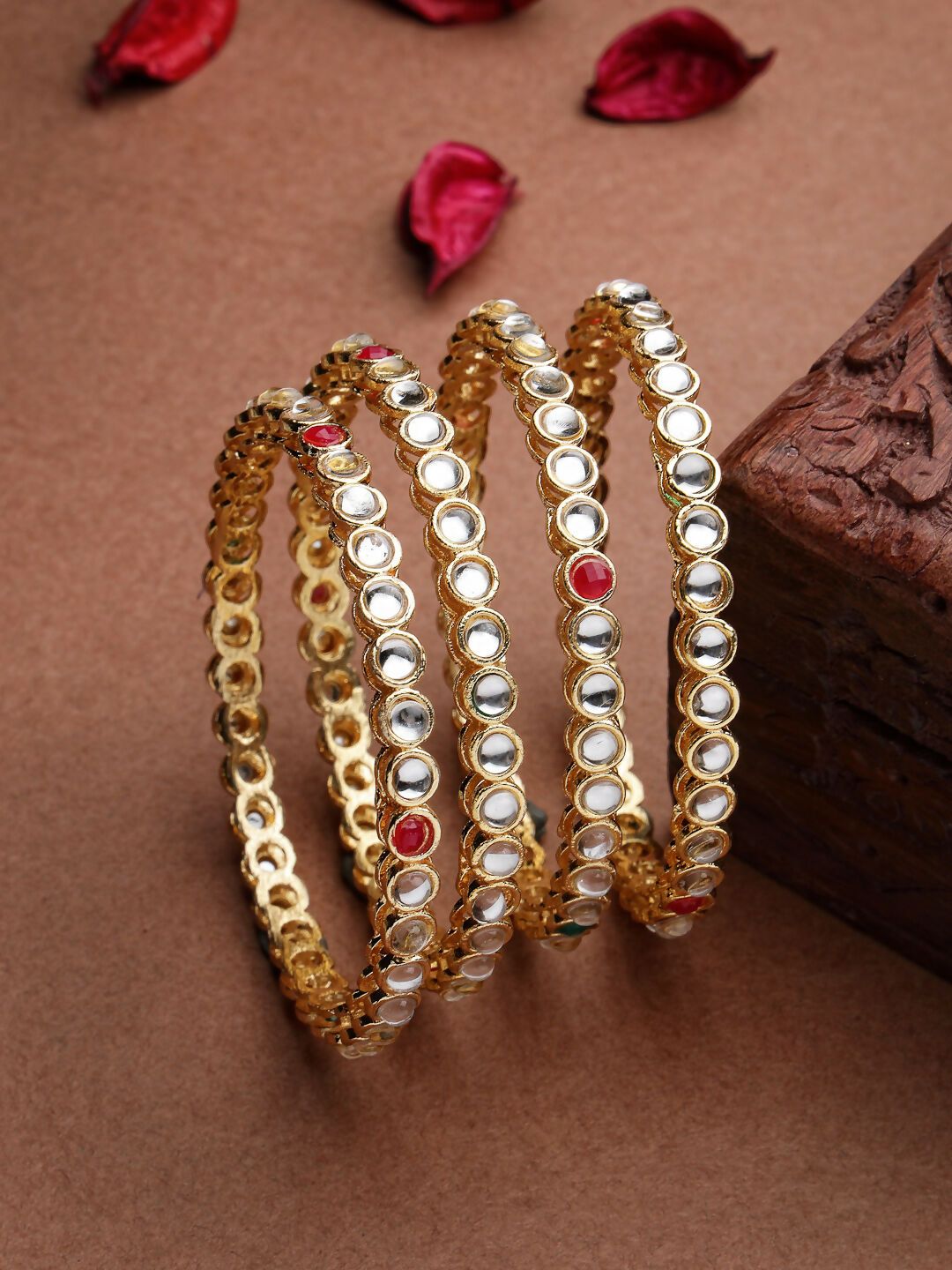 NVR Women Set of 4 Gold-Polished Kundan Studded Bangles
