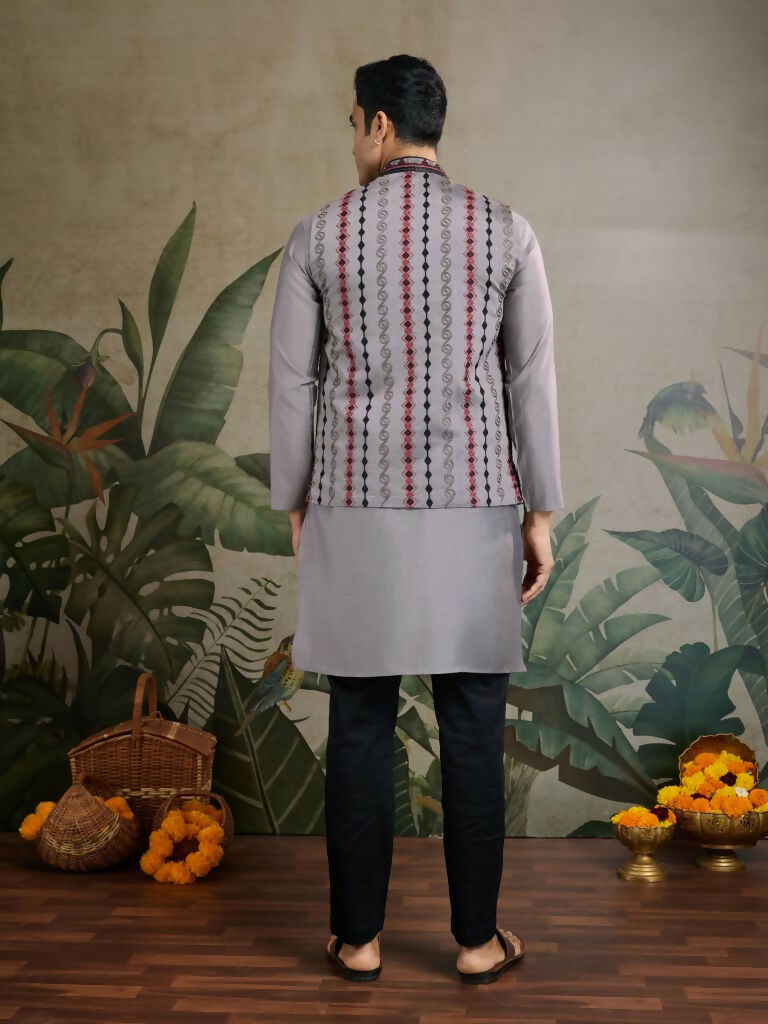 Vastranavya Grey Exclusive Festival Viscose Silk Thread & Swarovski Embroidered Work Mens Wear Kurta & Koti | Grocsy