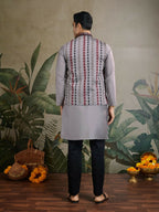 Vastranavya Grey Exclusive Festival Viscose Silk Thread & Swarovski Embroidered Work Mens Wear Kurta & Koti | Grocsy
