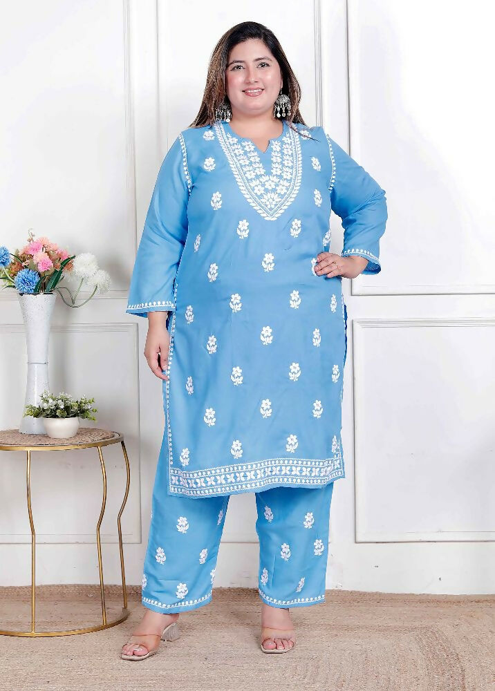 Miravan Womens Plus Size Blue Embroidered Kurta With Palazzo | Grocsy