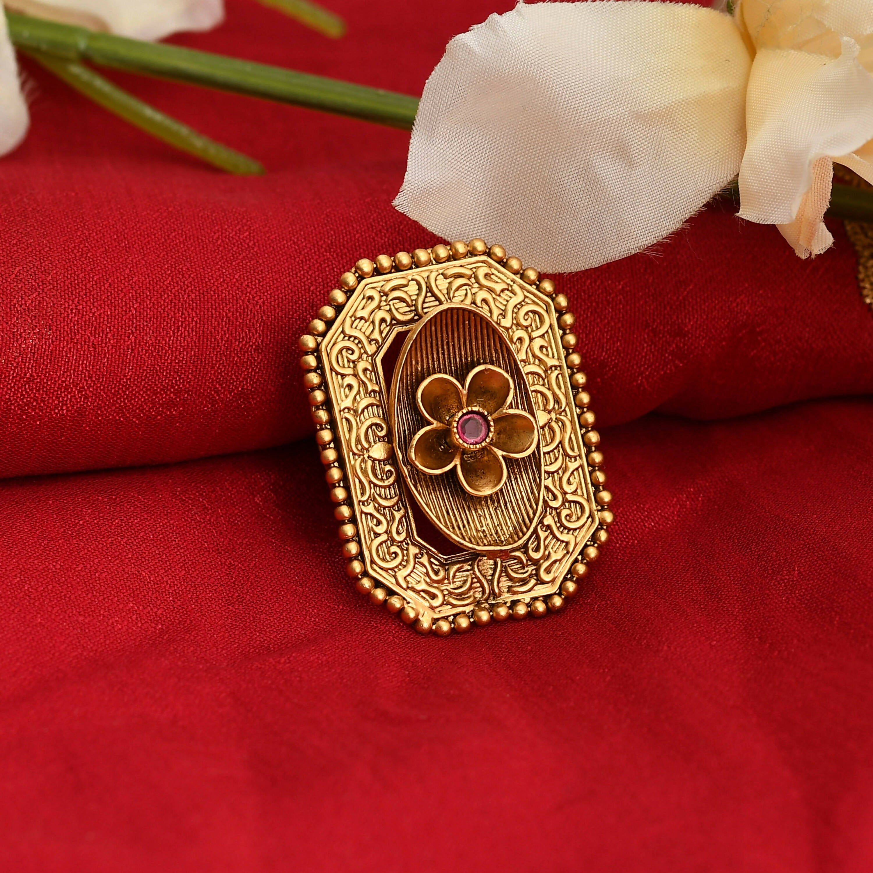 Mominos Fashion Joharkamal Gold-Polished Stone Studded Adjustable Finger Ring - Design 018 | Grocsy