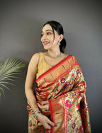 Joban Fashion Crimson Red Intricate Floral & Leaf Soft Silk Paithani Saree | Grocsy