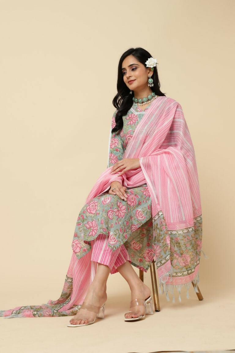 Designer Stylish Pink Cotton Blend Stitched Suit With Dupatta - Tanisha | Grocsy