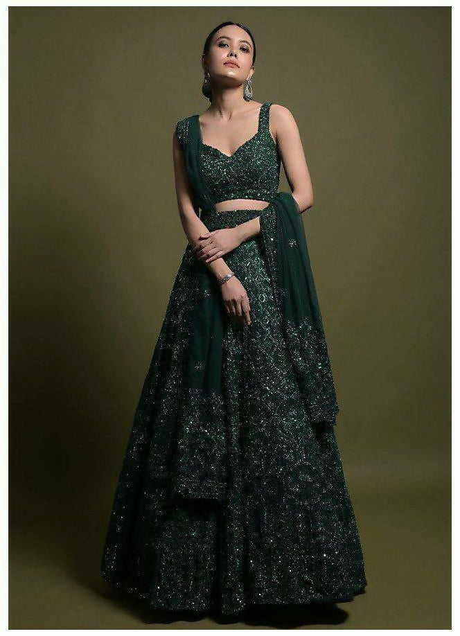 Jyoti Fashion Women's Dark Green Net Sequins with Dori & Thread Embroidered Designer Lehenga Choli Set | Grocsy