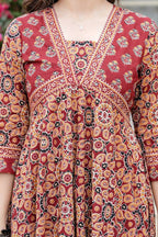 Jaimini Women Cotton Printed V-Neck 3/4 Sleeves Calf Length Flared Kurta Pant And Dupatta Set | Grocsy