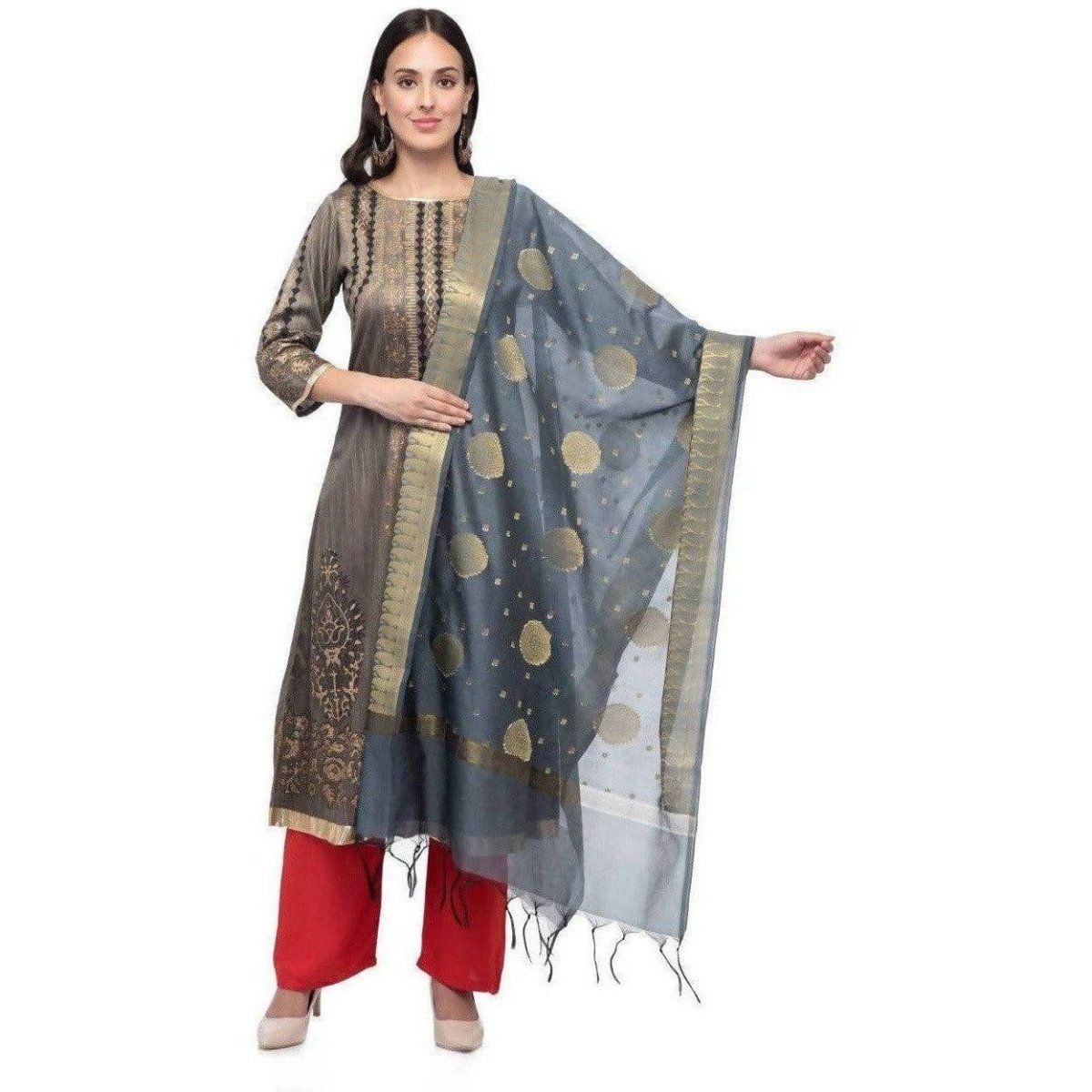 A R Silk Women's Vanarsi Silk Zari Embroidery Grey Fancy Dupatta | Grocsy