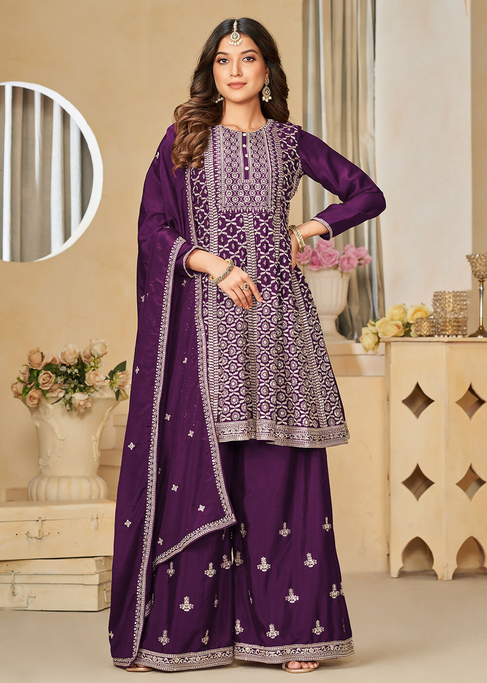Chinnon Purple Embroidered Palazzo Salwar Suit - Emponline | Grocsy