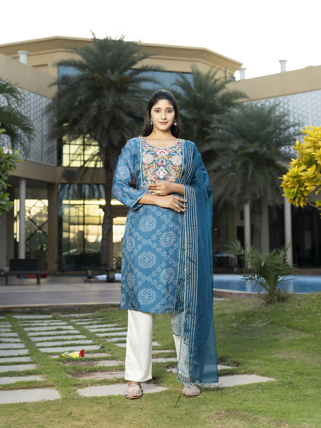 Joban Fashion Blue Cotton Premium Pure Viscose Print Dola With Handwork Kurta set | Grocsy
