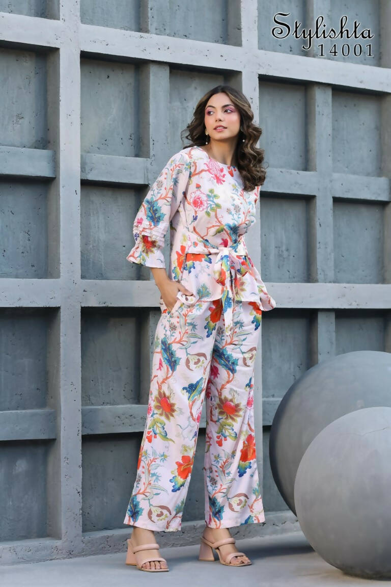 Women's Partywear Designer White & Multi Muslin co-ord set - Stylishta | Grocsy