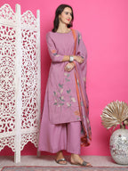 Jyoti Fashion Women's Purple Muslin Floral Print with Jari & Crystal work Kurta with Trouser & Dupatta | Grocsy