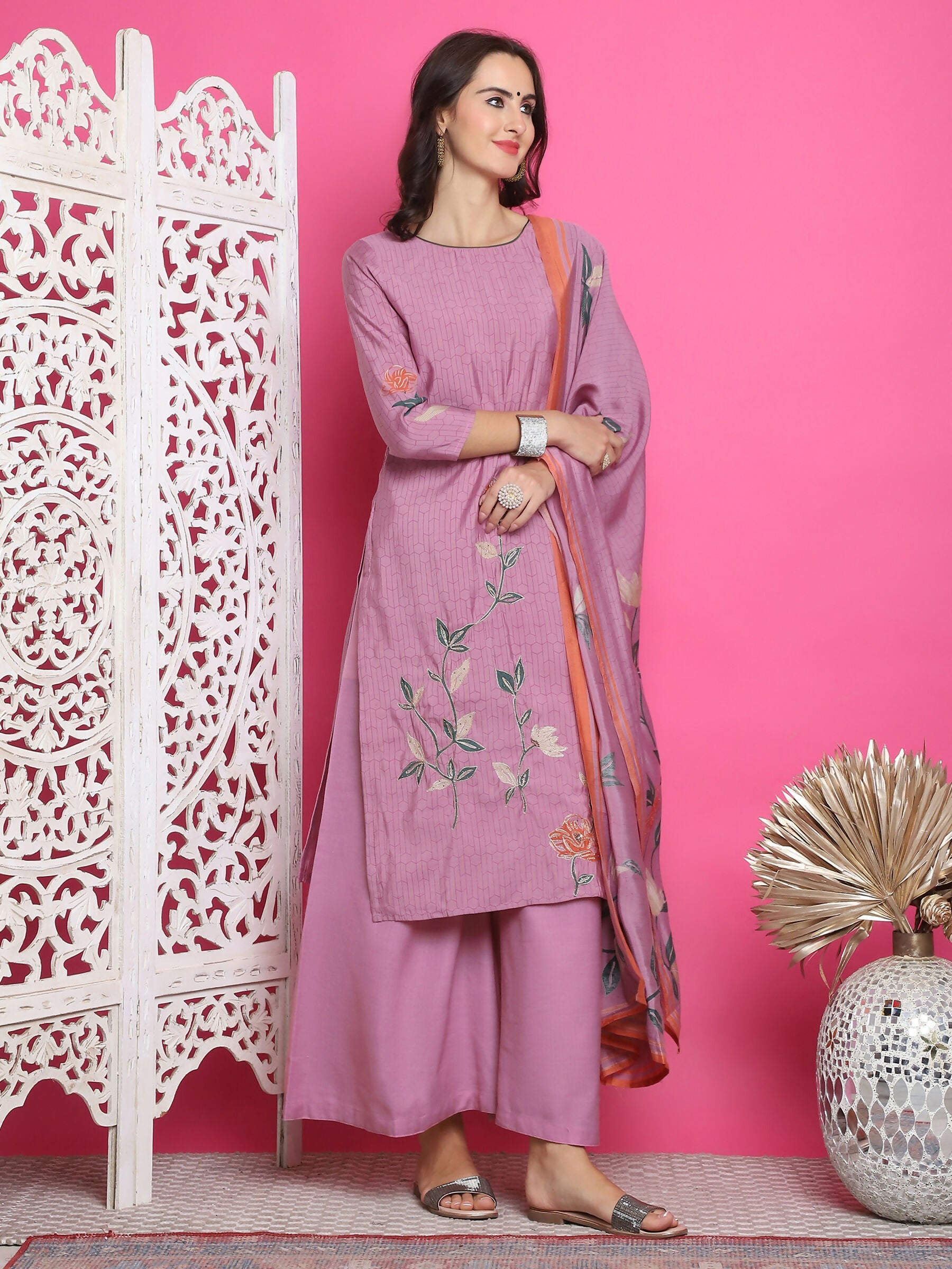 Jyoti Fashion Women's Purple Muslin Floral Print with Jari & Crystal work Kurta with Trouser & Dupatta | Grocsy