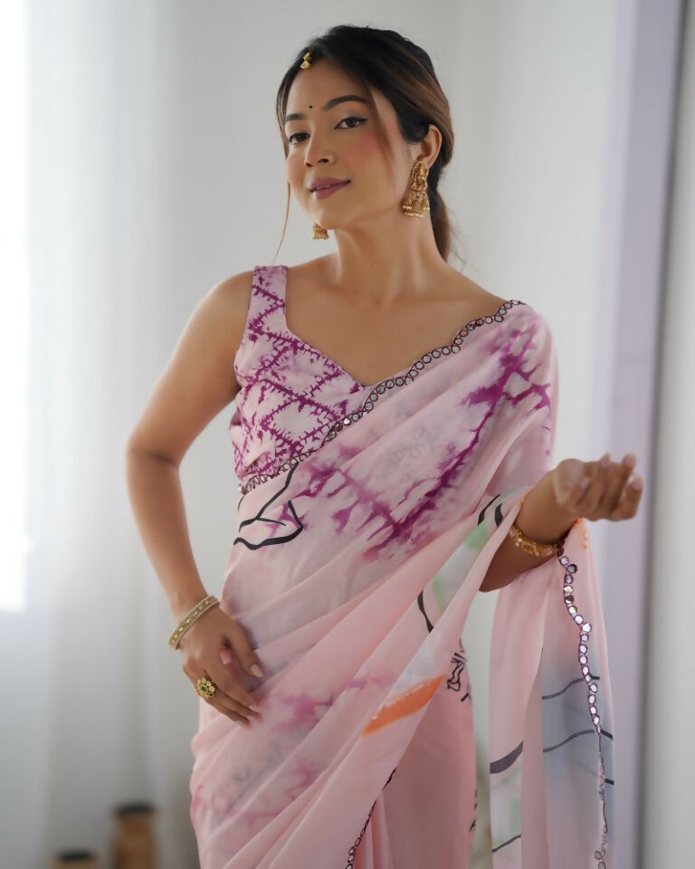 Pink Chinon Designer Digital Printed & Mirror Cut Work Saree - Kriti | Grocsy