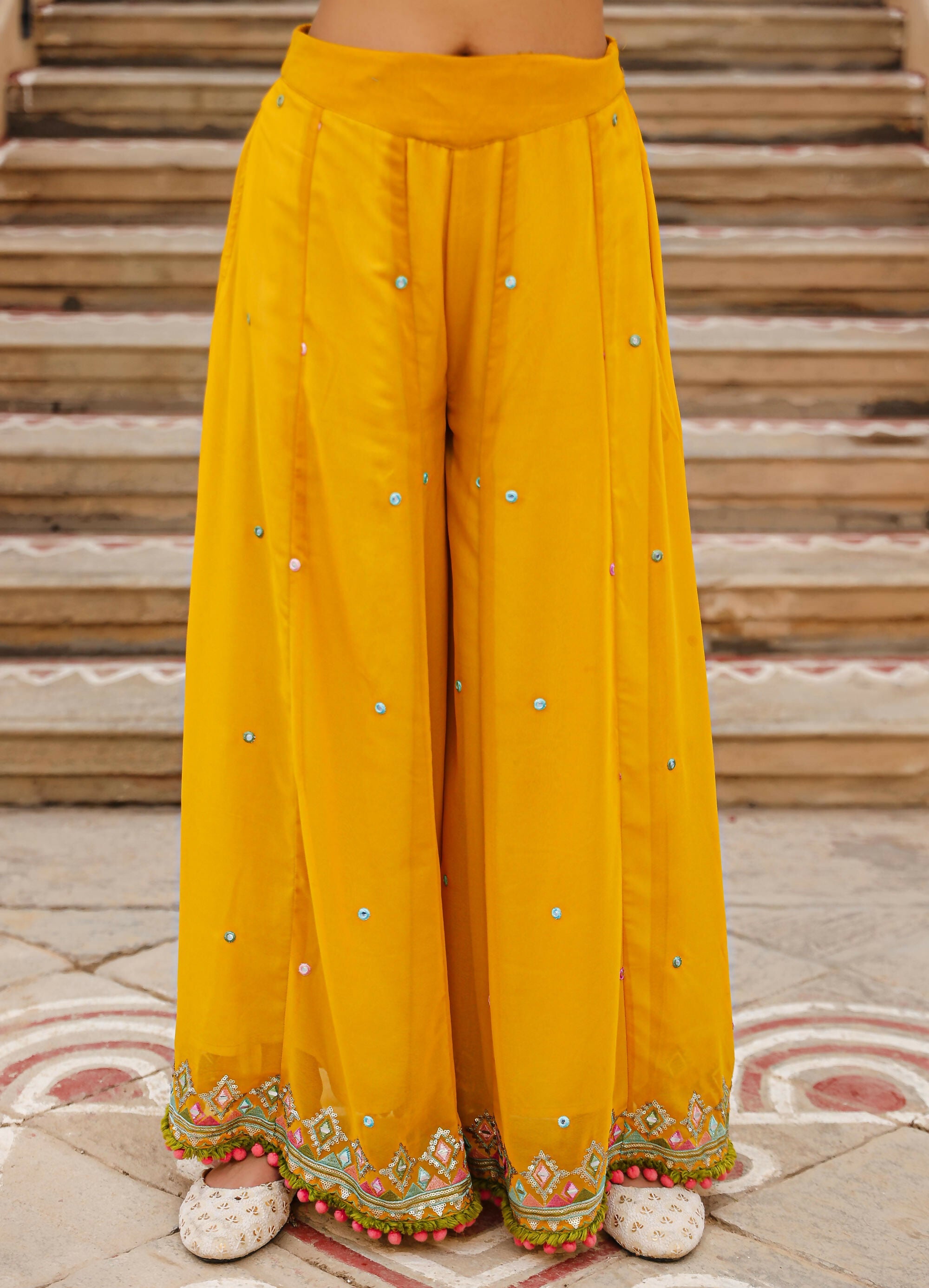 Juniper Women's Mustard Thread Embroidered Georgette Shirt Jacket & Palazzo Set With Mirror Work & Sequins | Grocsy