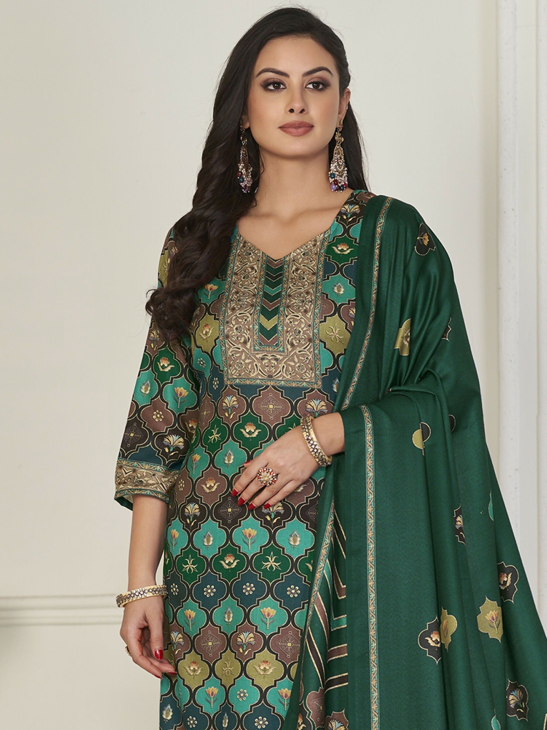 Jyoti Fashion Women's Multicolor Pashmina Digital Printed Kurta with Trouser & Dupatta | Grocsy