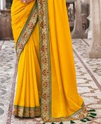 Mustard Vichitra Solid Saree With Unstitched Blouse Piece - Juhi | Grocsy