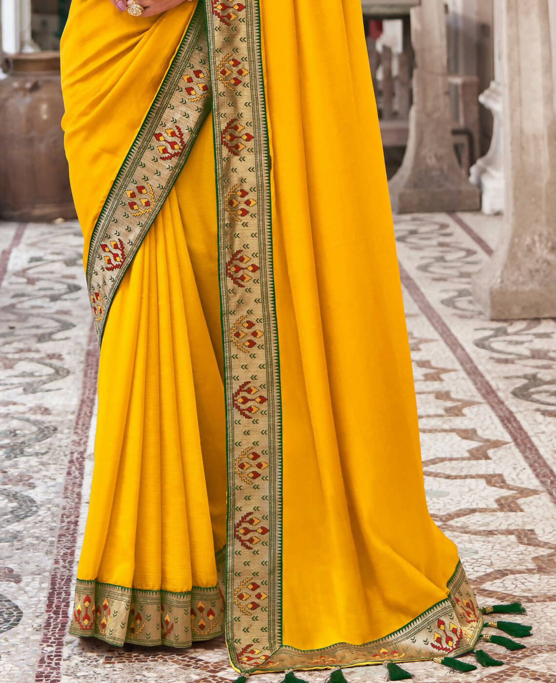 Mustard Vichitra Solid Saree With Unstitched Blouse Piece - Juhi | Grocsy