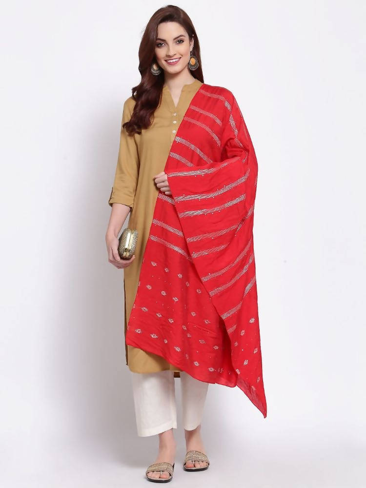 Myshka Women's Red Cotton Silk Printed Casual Dupatta | Grocsy