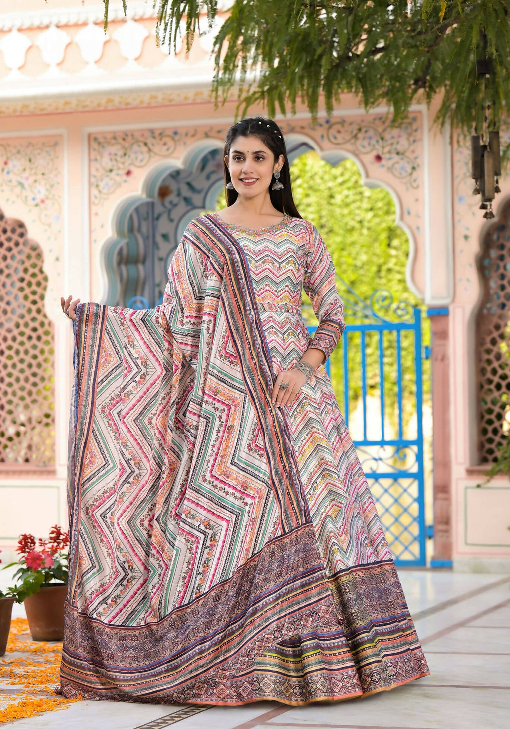 Functional Designer Off White-Muliti Dola Silk Anarkali suit with Dupatta - Ramya | Grocsy