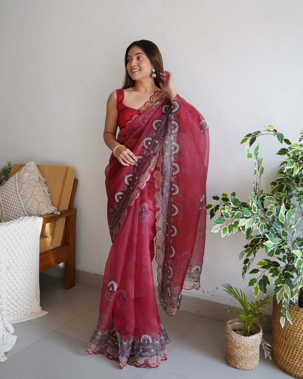 Vamsee Shivika Maroon Organza Saree | Grocsy