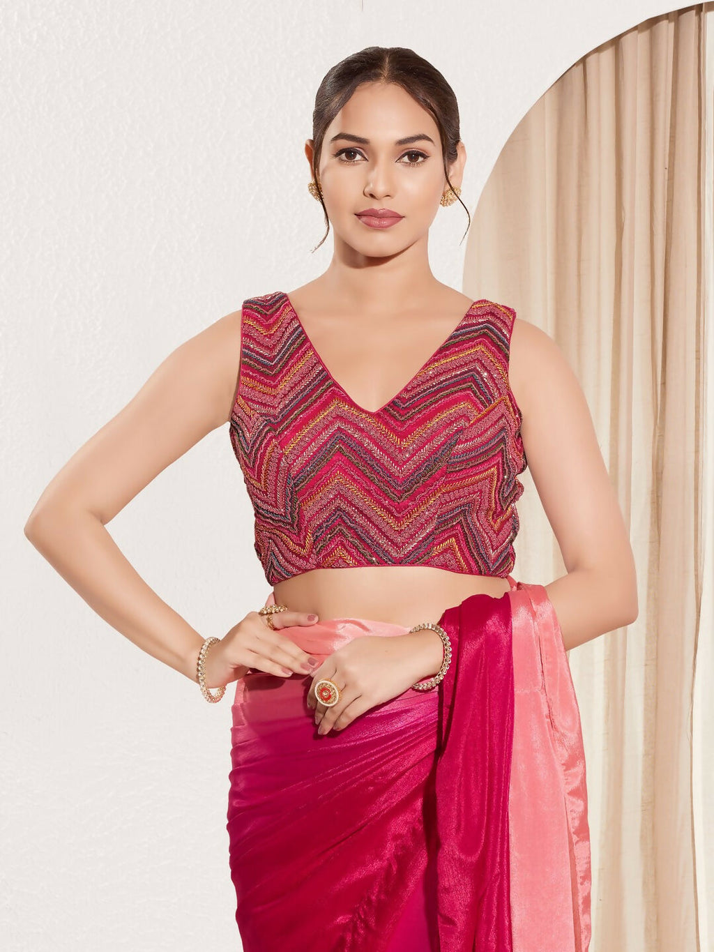 Joban Fashion Magenta Net Padded Blouse With V Neck Sleeveless | Grocsy