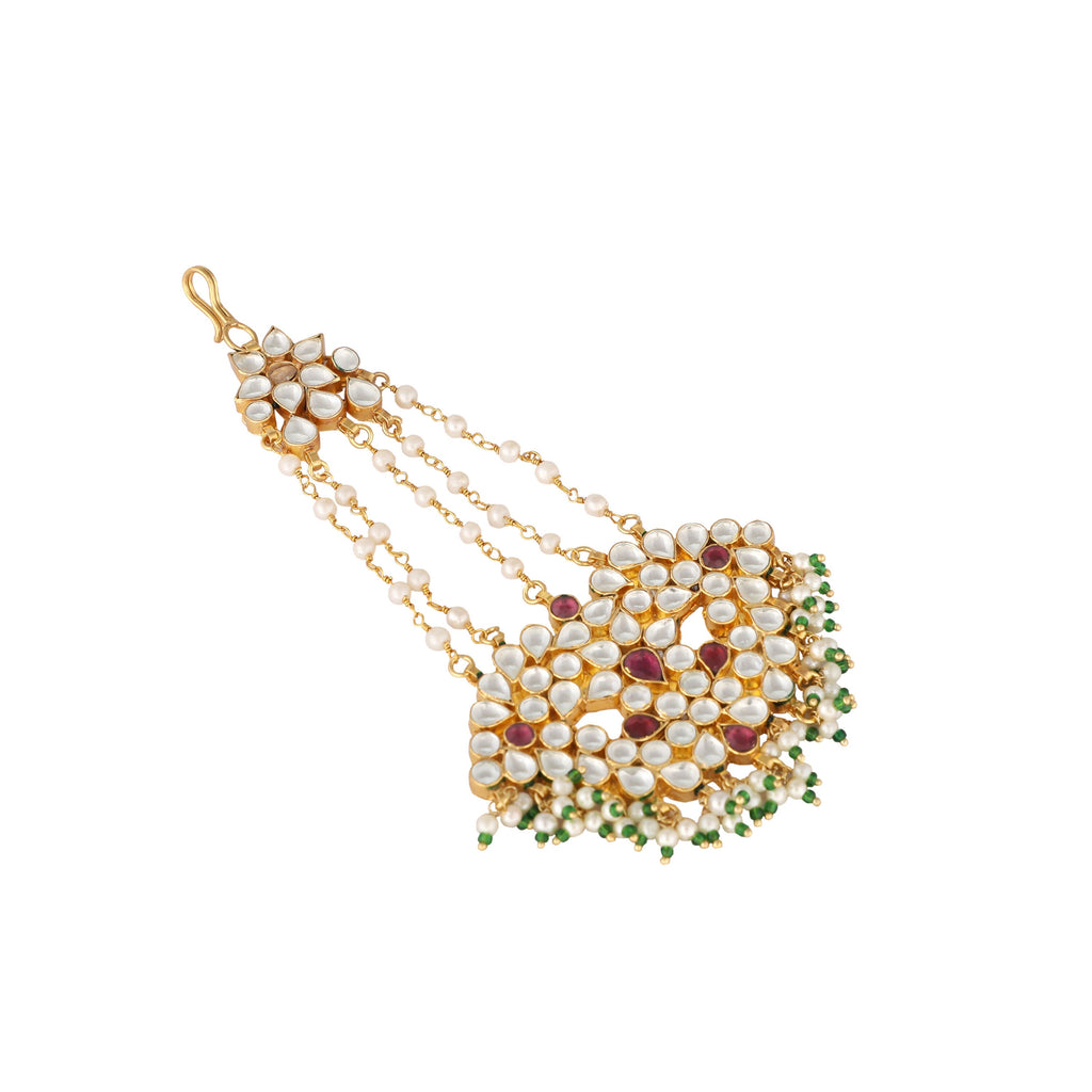 Nuyug 22K Gold-Plated Kundan & Red Stone Studded Jhumar Paasa Head Jewellery | Grocsy