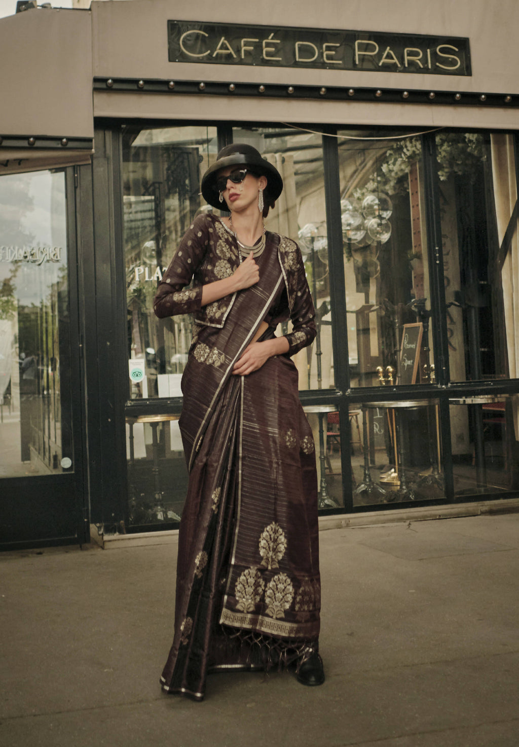 Walnut Brown Weavead Thread & Zari Work, Handloom Weaving Banarasi Satin Silk Saree - Rajtex Kronicle Silk | Grocsy