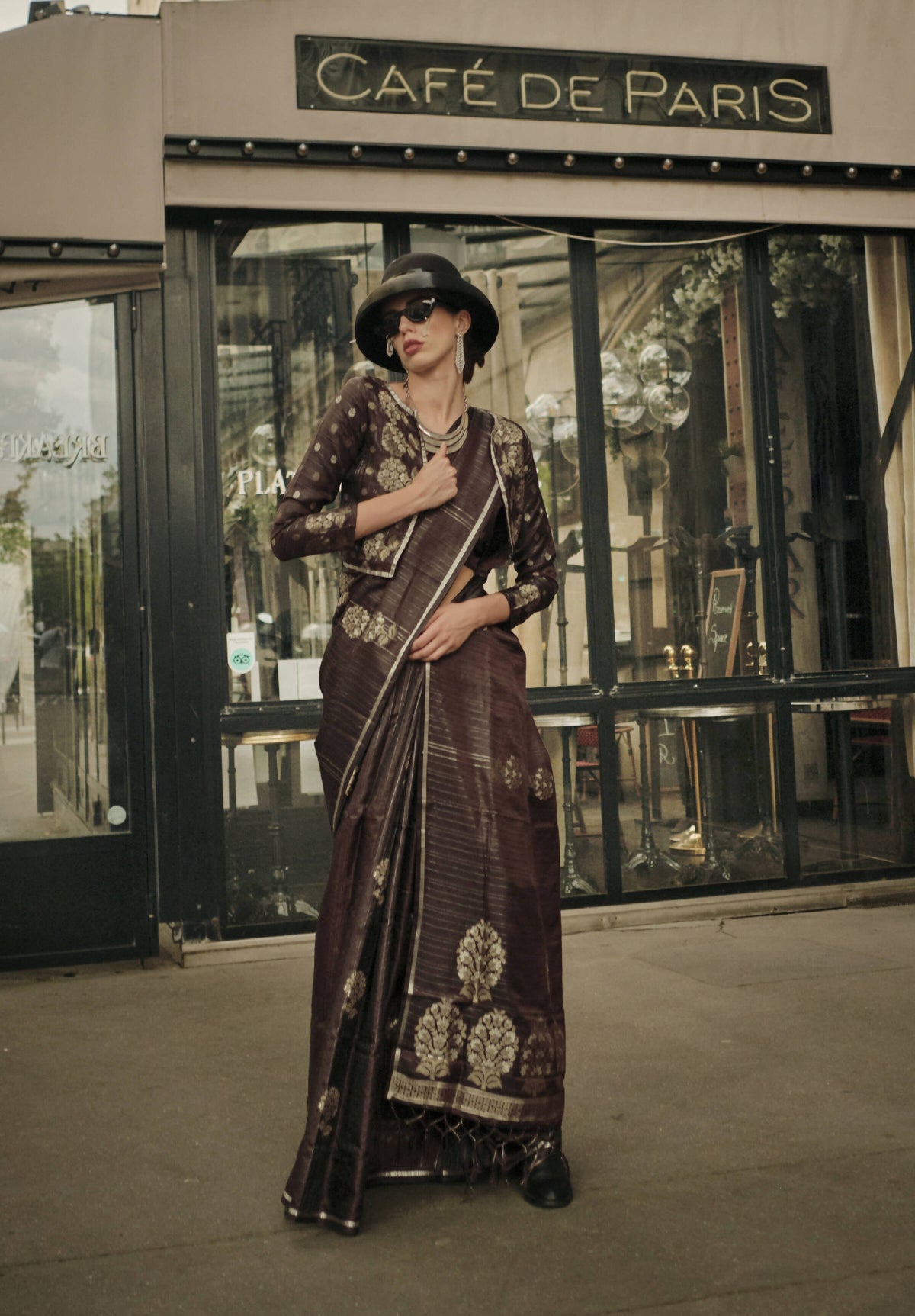 Walnut Brown Weavead Thread & Zari Work, Handloom Weaving Banarasi Satin Silk Saree - Rajtex Kronicle Silk | Grocsy