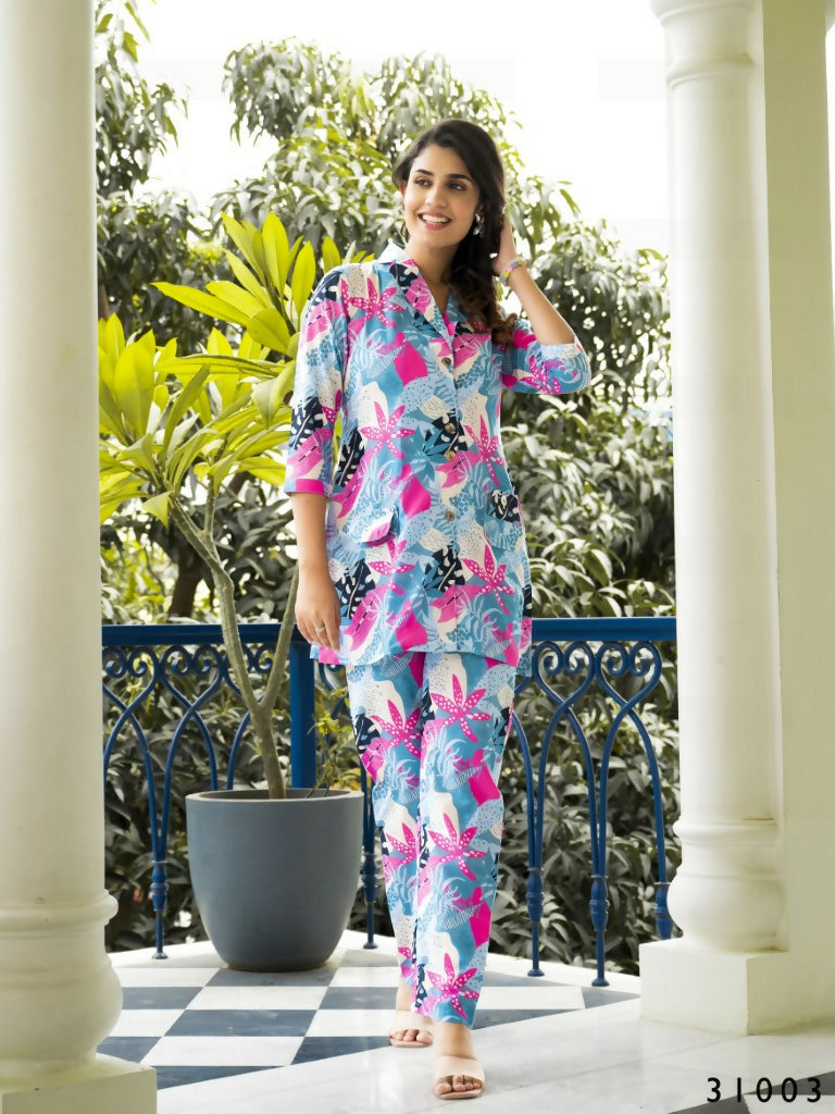 Casual Fashionable Multi Muslin Cotton co-ord set - Manya | Grocsy