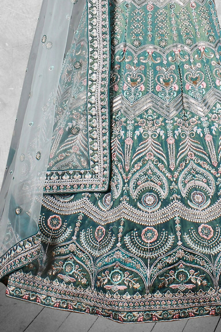 Teal Velvet Hand work Semi Stitched Lehenga Choli with Dupatta - Nimaya Lagnotsav | Grocsy