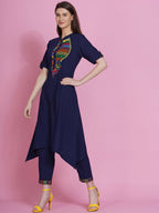 Women Republic Navy Blue Cotton Embroidered Kurta With Pants | Grocsy