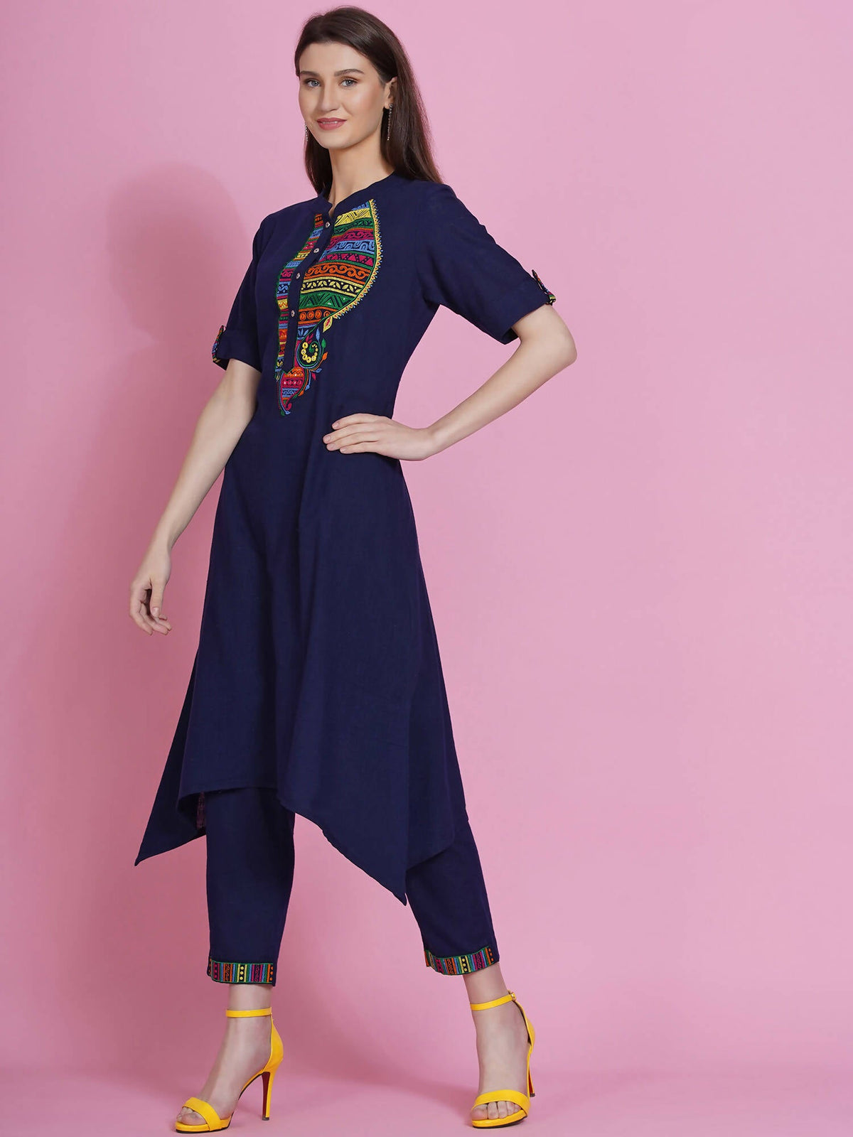 Women Republic Navy Blue Cotton Embroidered Kurta With Pants | Grocsy