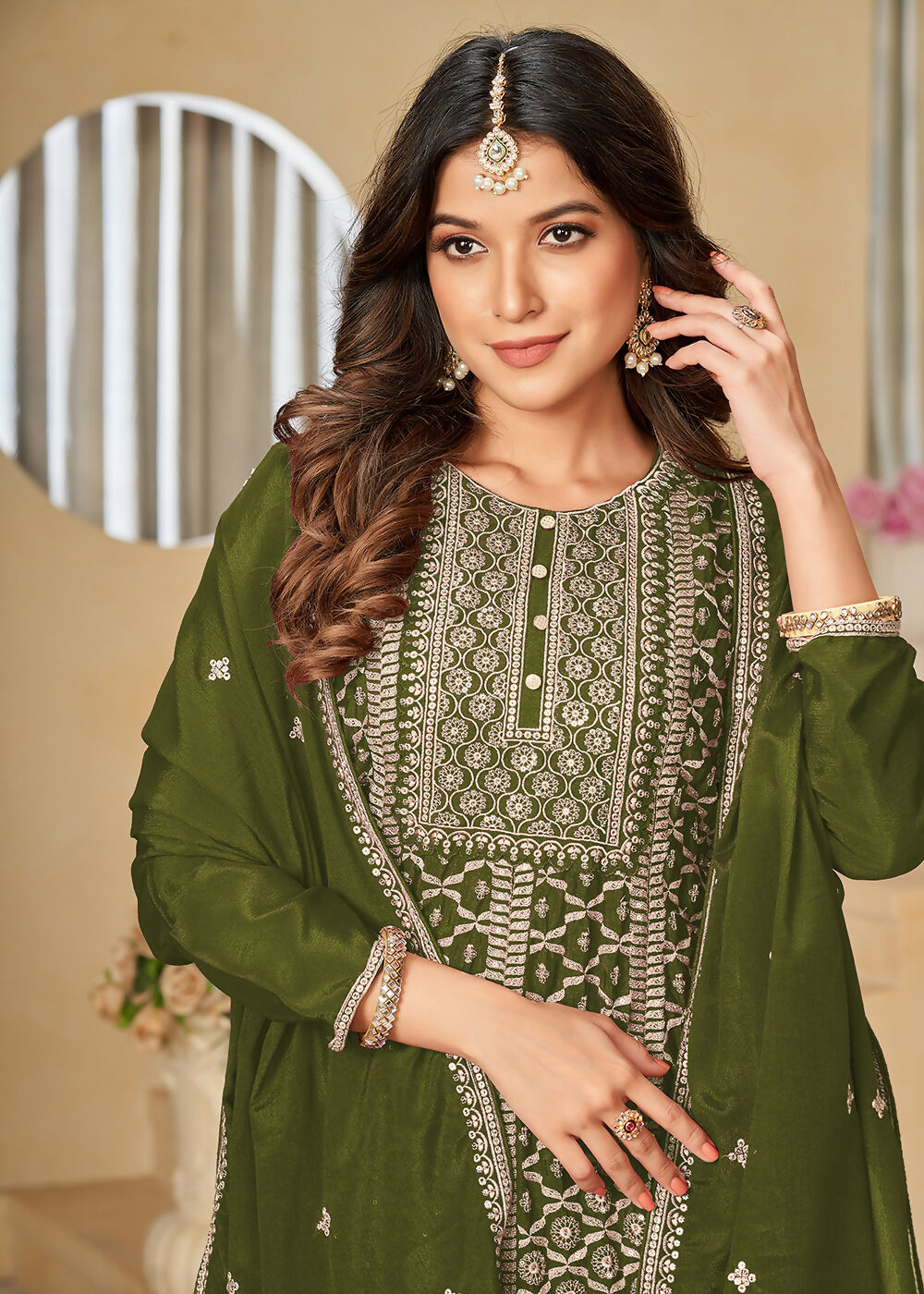 Chinnon Olive Green Embroidered Palazzo Salwar Suit - Emponline | Grocsy