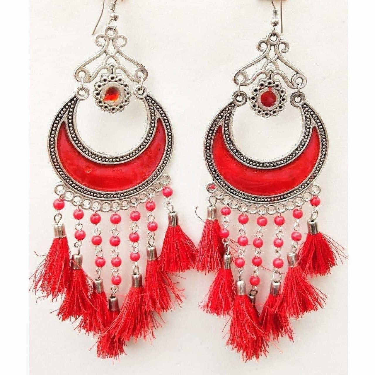 MS Fashion India Fancy Half Moon Red Color Beautiful Glass Pearls And Silk Thread Enamel Earrings | Grocsy