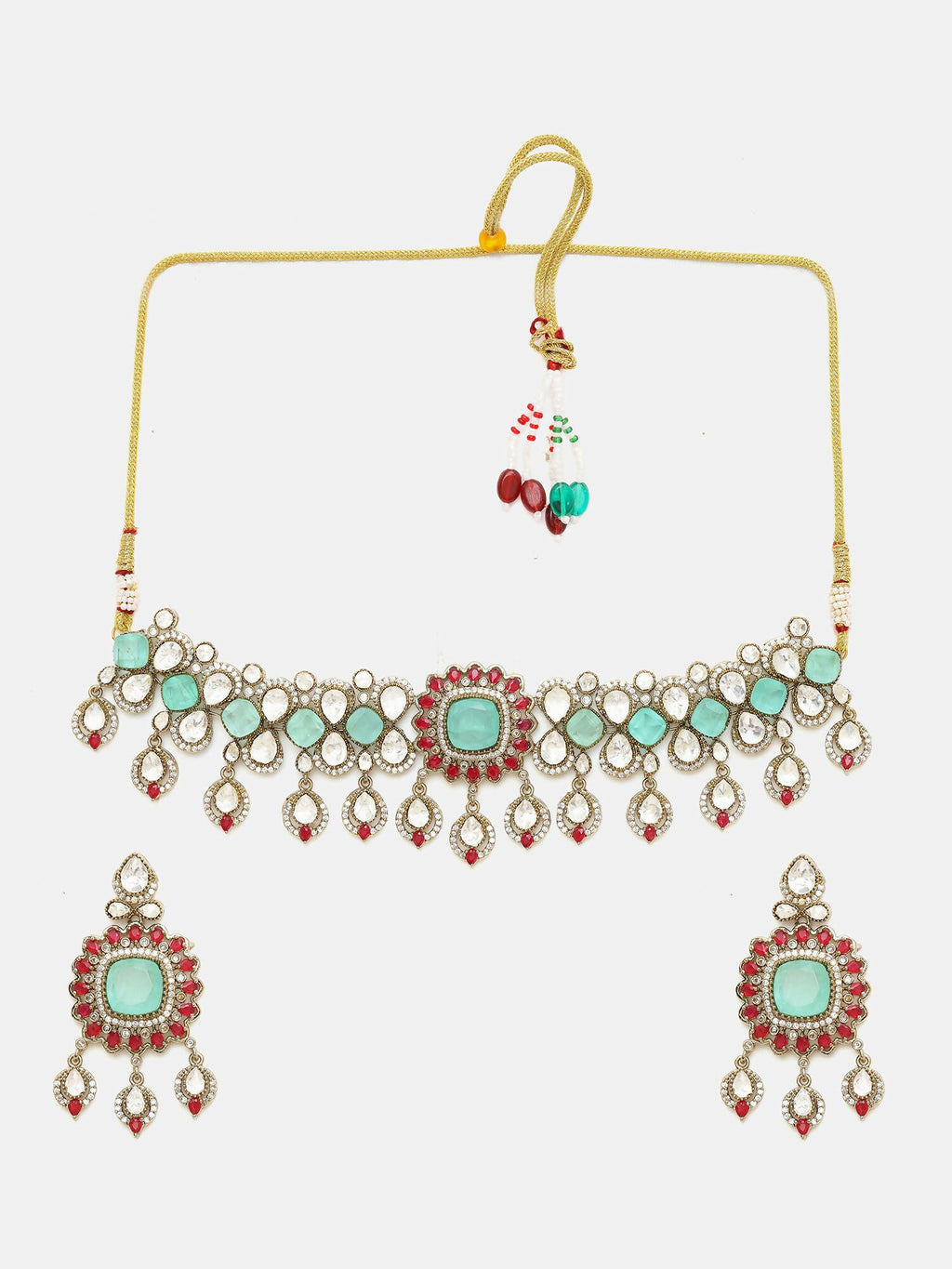 Ruby Raang 22k Gold Polished Stonework Moissanite Choker With Earrings | Grocsy