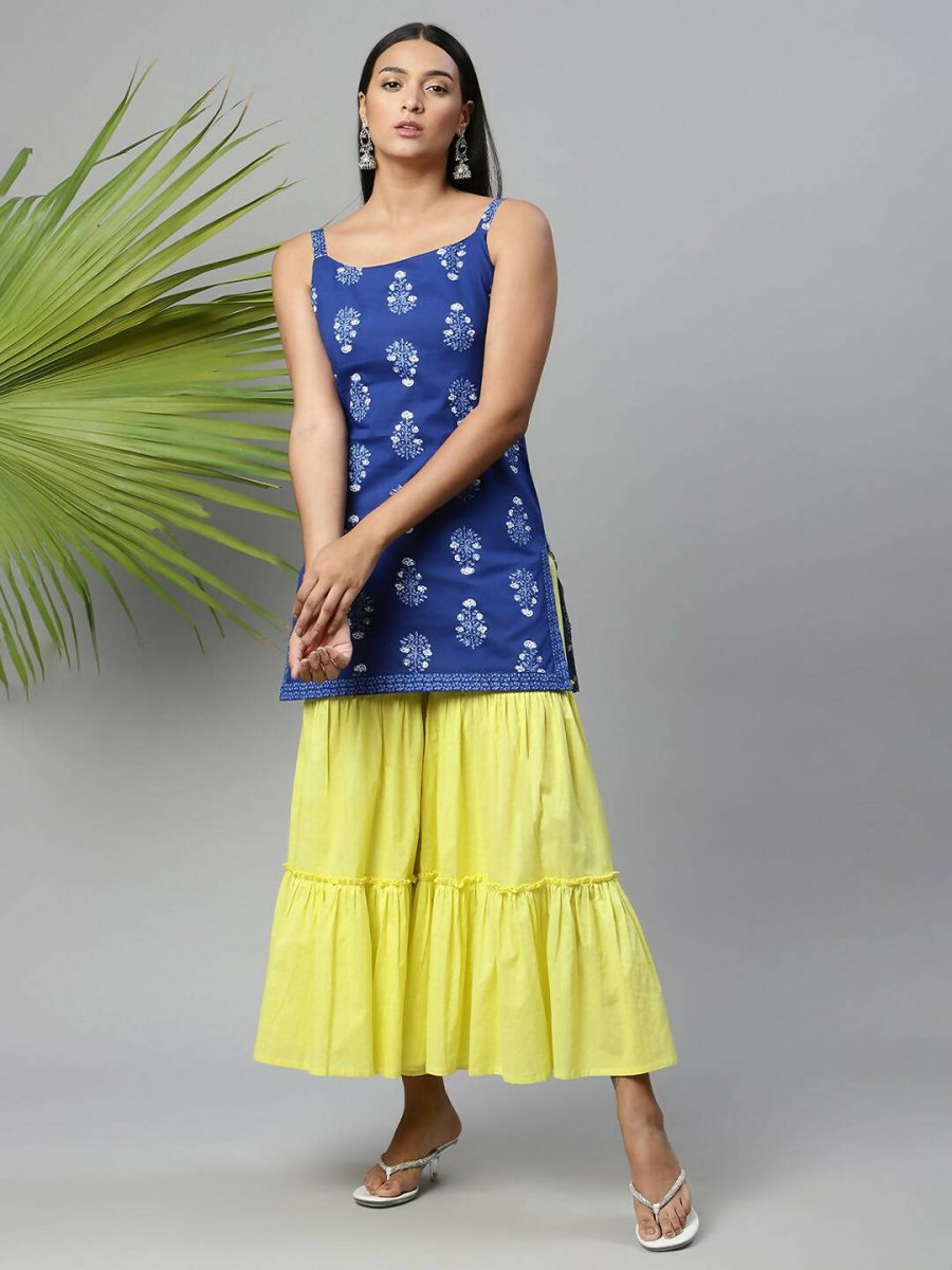 Ahalyaa Womens Royal Blue Pure Cotton Printed Tunic Sharara Set | Grocsy