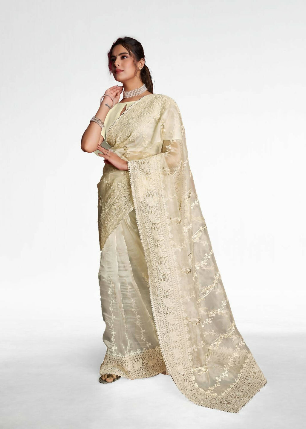 Vamsee White Organza Saree | Grocsy