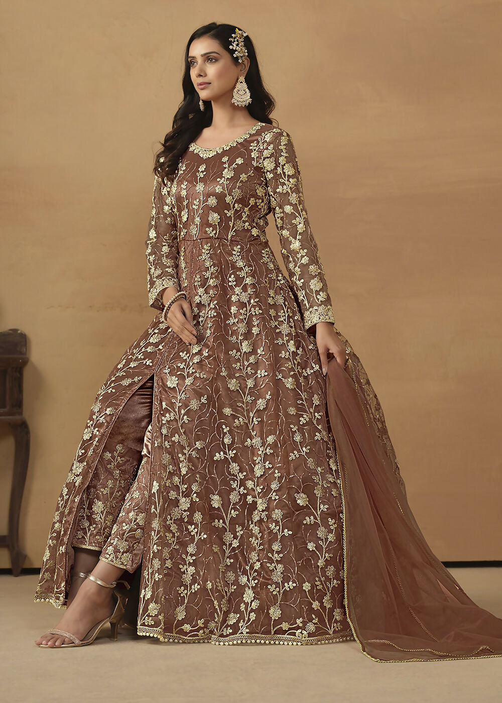 Pant Style Snuff Brown Embroidered Net Wedding Anarkali Suit - Emponline | Grocsy