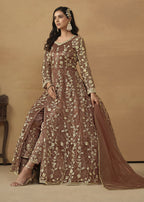 Pant Style Snuff Brown Embroidered Net Wedding Anarkali Suit - Emponline | Grocsy