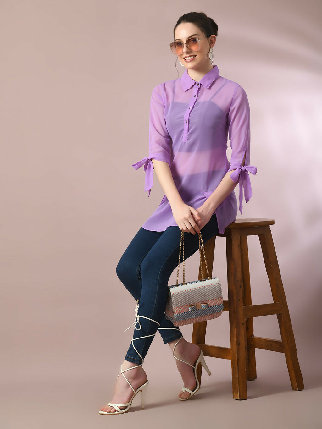Myshka Women's Lavender Solid Georgette Longline Party Sheer Tunic | Grocsy