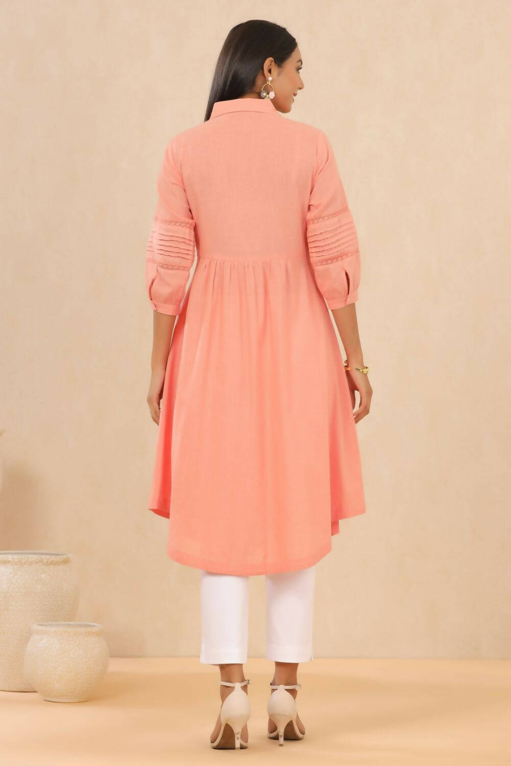 Juniper Womens Blush Pink Cotton Slub Solid Mid Length Shirt Dress With Lace Detailing | Grocsy